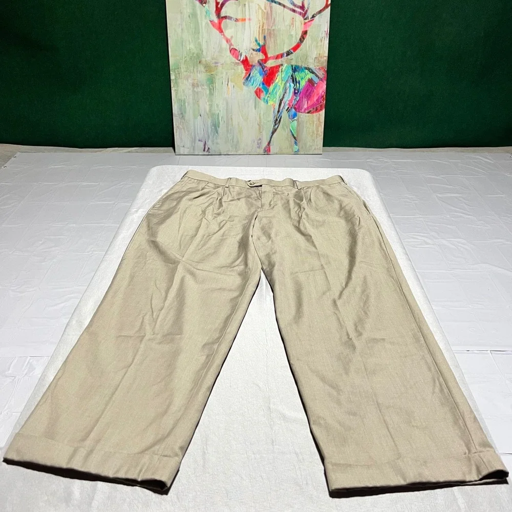 Perry Ellis America Mens 40x30 Tan Pleated Cuffed Dress Pants Khaki Trousers